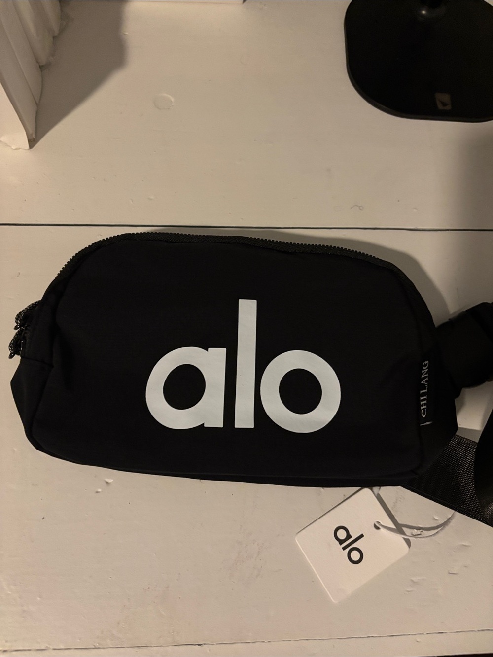 ALO Yoga Black Belt Bag with White Logo